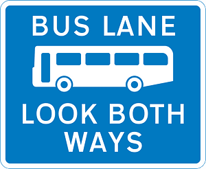 Bus lane with traffic proceeding from both ways (reminder for pedestrians)