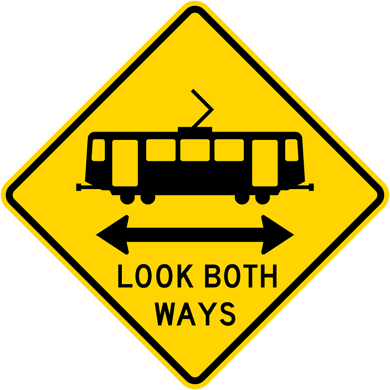 Light rail crossing, Look both ways, California