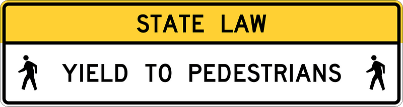 R1-9: Overhead Ped Crossing (The legend STATE LAW is optional. A fluorescent yellow-green color may be used instead of yellow for this sign.)
