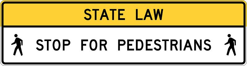 R1-9a: Overhead Ped Crossing (The legend STATE LAW is optional. A fluorescent yellow-green color may be used instead of yellow for this sign.)