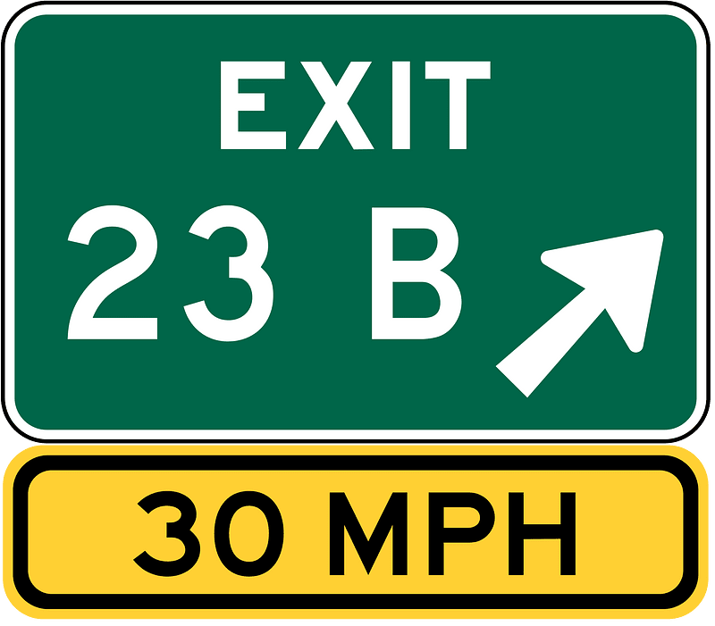 Exit number sign with speed advisory