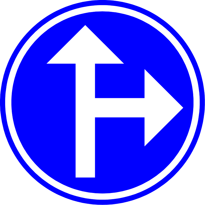 Proceed straight or turn right only sign in Belgium