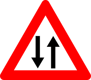 Two-way traffic ahead sign in Belgium