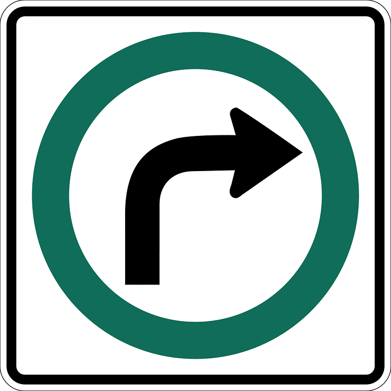 Turn right ahead sign in Canada