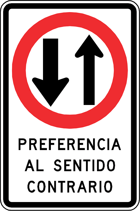 Yield to oncoming traffic sign in Chile