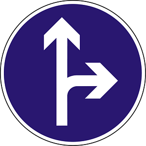 Proceed straight or turn right only sign in Hungary