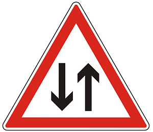 Two-way traffic ahead sign in Hungary