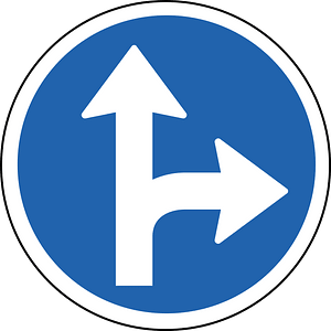 Proceed straight or turn right only sign in Iceland