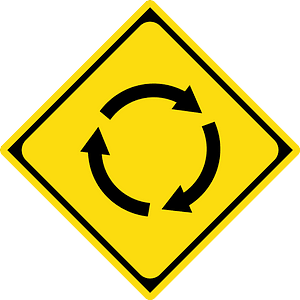 Roundabout ahead sign in Japan