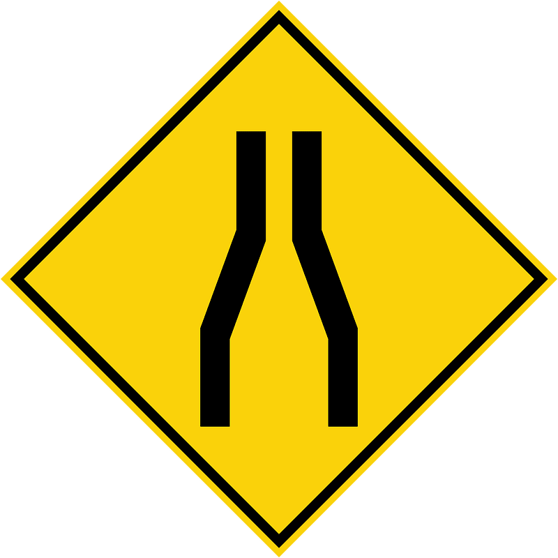 Road narrows ahead sign in Malaysia