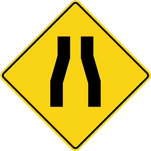 Road narrows ahead sign in Ontario