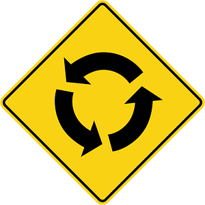Roundabout ahead sign in Ontario