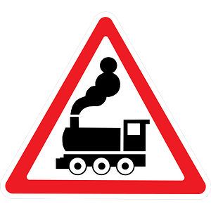 Level crossing without barriers ahead sign in Ukraine