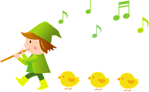 Boy is Playing the Recorder and is Followed by a Line of Chicks