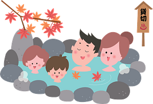 Family is Bathing in a Hot Spring