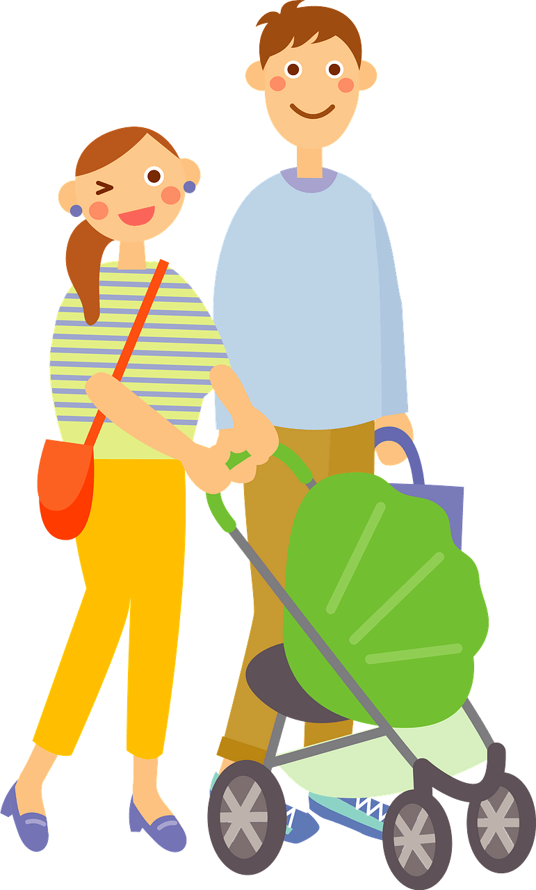 Father and Mother are Walking with Baby Stroller