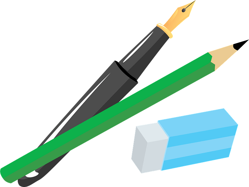 Fountain Pen, Pencil, and Eraser