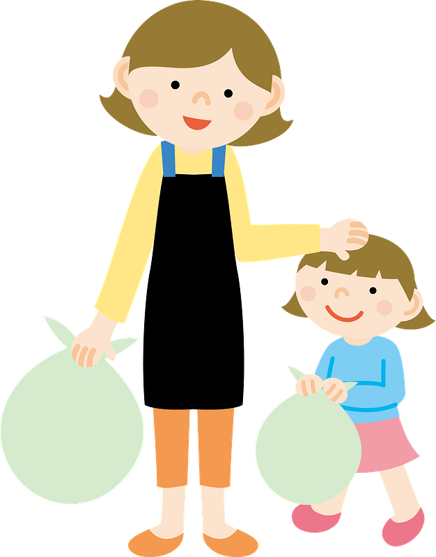 Mother and Daughter are Taking Out Garbage 