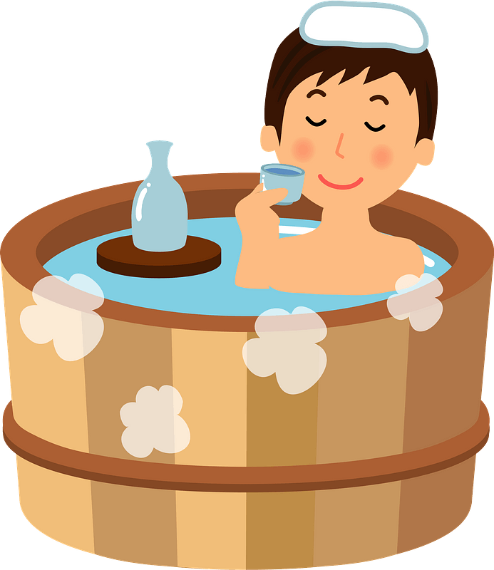 Man is Relaxing in a Hot Spring while Drinking Sake
