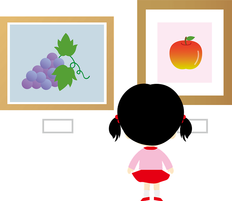 Girl is Studying Paintings in a Museum Gallery