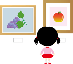 Girl is Studying Paintings in a Museum Gallery