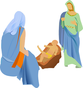 Jesus in a manger with Mary and Joseph