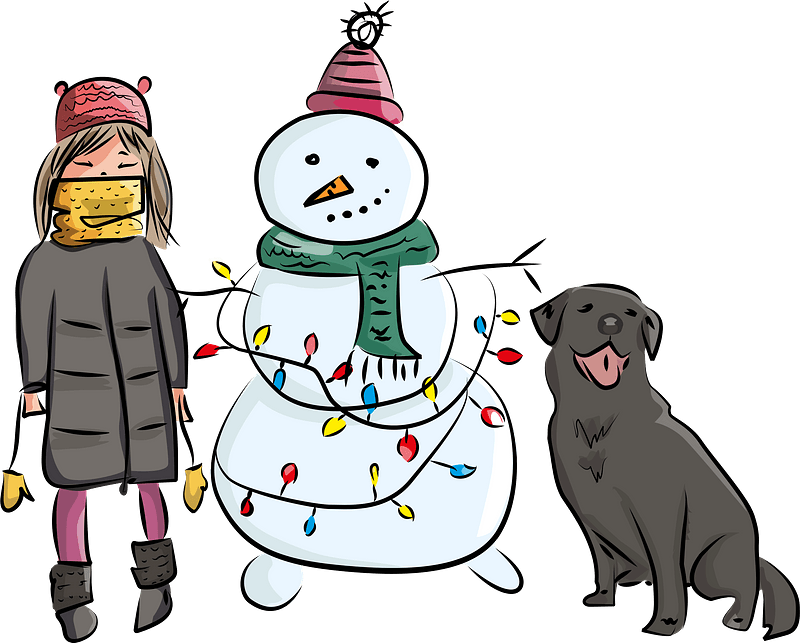Girl with a snowman and dog