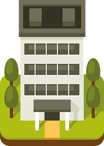 City building with trees