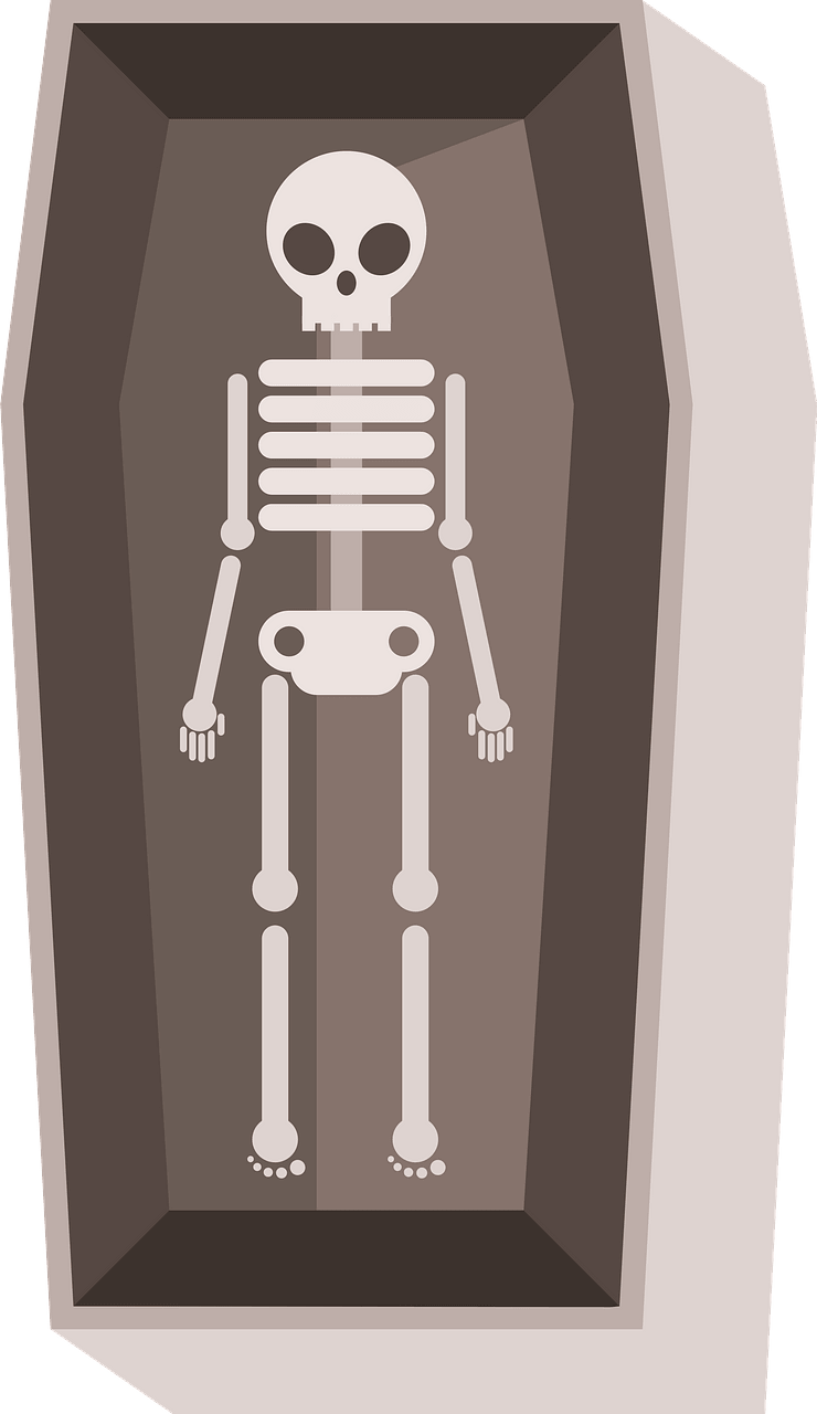 Skeleton in a coffin