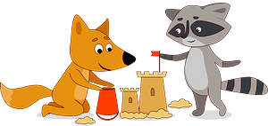 Fox and raccoon building sand castle