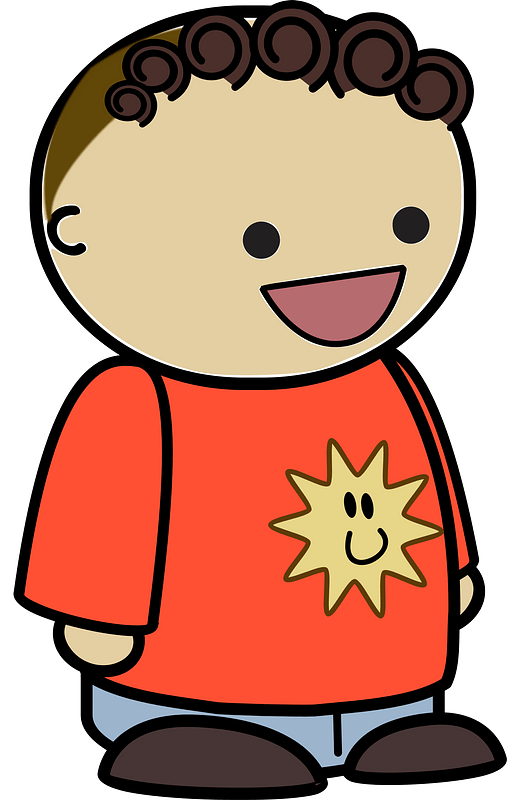 Brown haired boy in an orange shirt, laughing, to the side