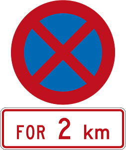 New Zealand road sign R6-10 + R6-10.2 (2 km)