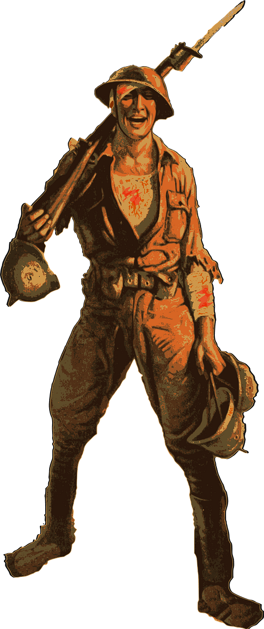 Soldier holding a rifle and helmets