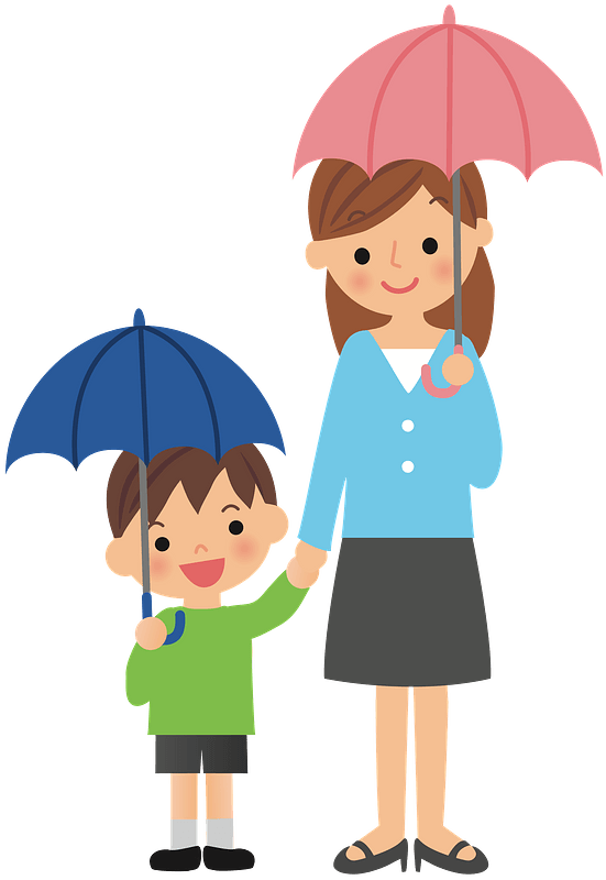 Kid and mum under two umbrellas