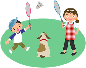Mother plays badminton with son and dog