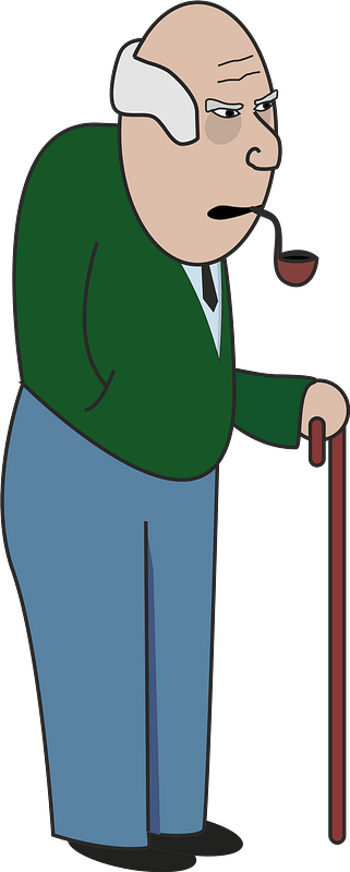 Old man with a cane and smoking pipe