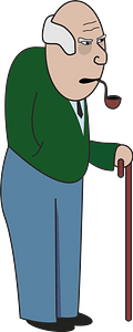 Old man with a cane and smoking pipe