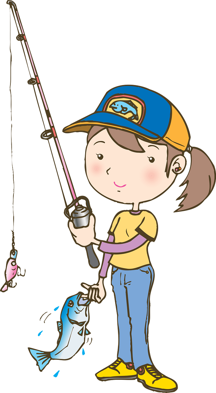 Girl Catches Fish with a Fishing Pole