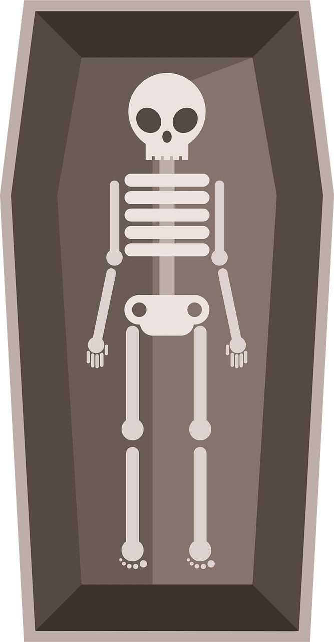 Skeleton in a coffin