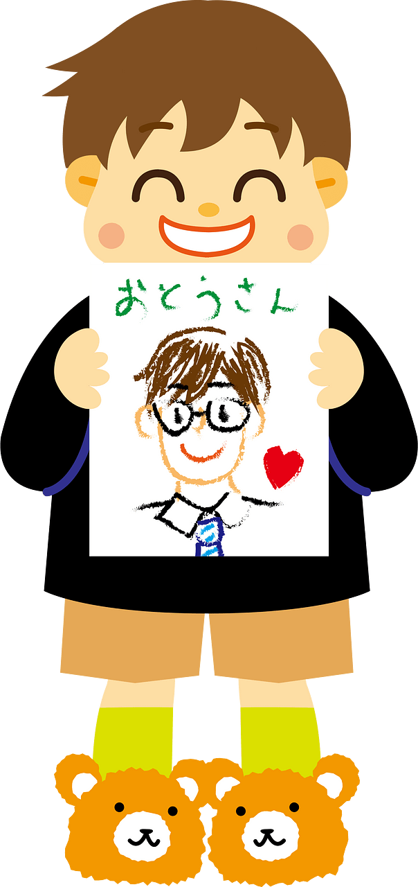 Happy Boy Shows His Father's Portrait