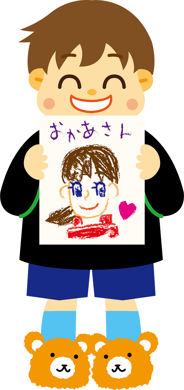 Happy Boy Shows His Mother's Portrait