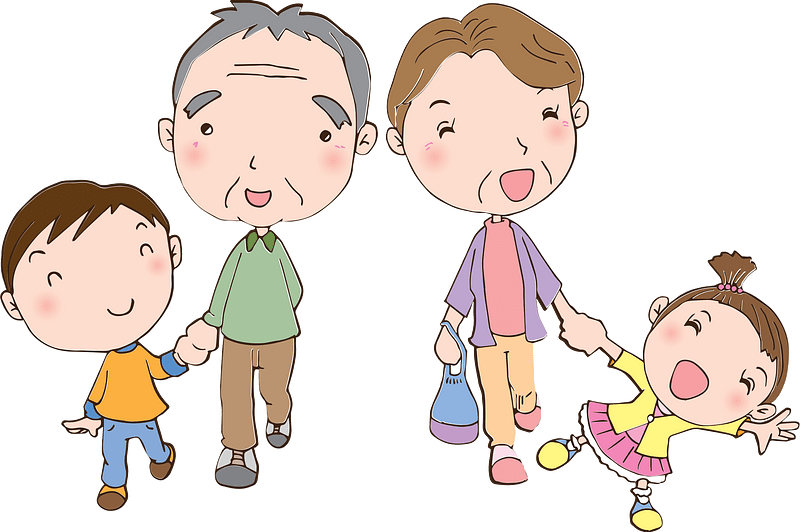 Grandfather and Grandmother on a Walk with Grandson and Granddaughter