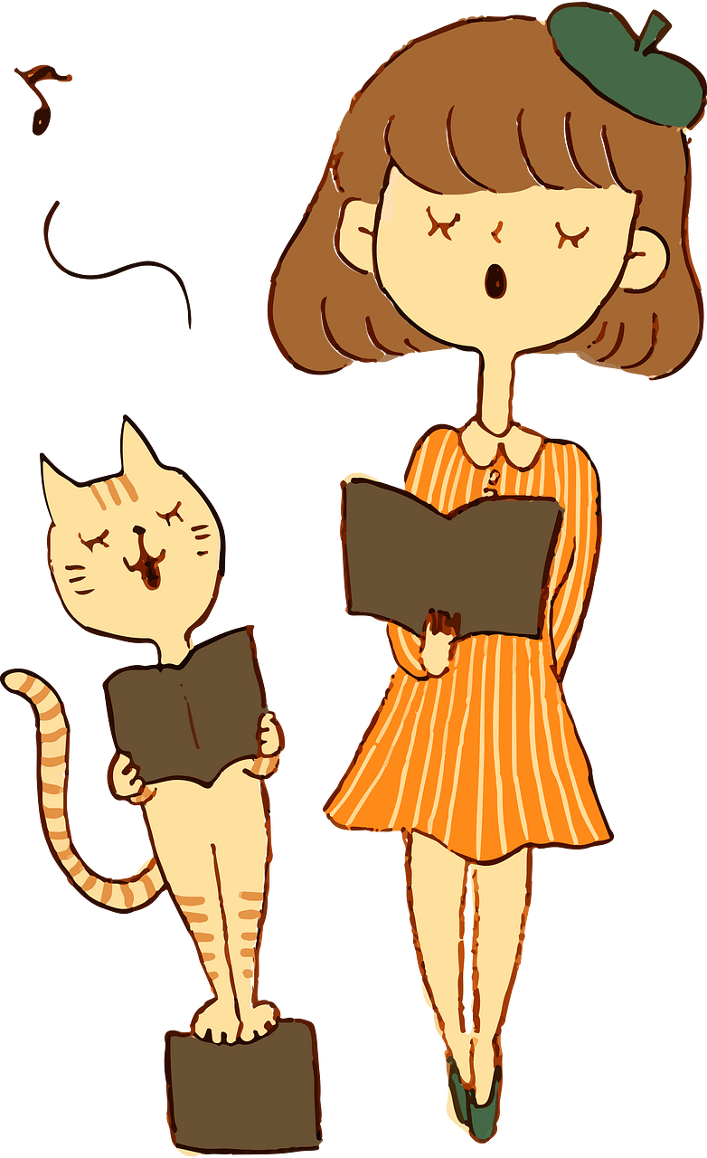 Girl and Cat are Singing Together