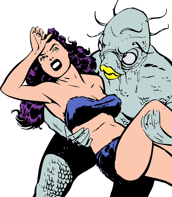 Fish monster kidnapping a screaming woman