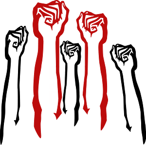 Raised fists in black and red