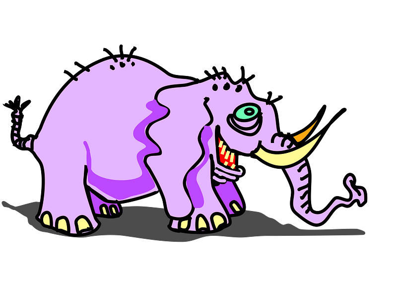 purple elephant with yellow teeth