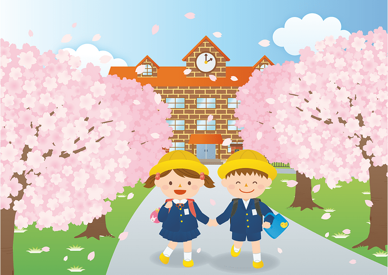 Schoolchildren cherry blossoms