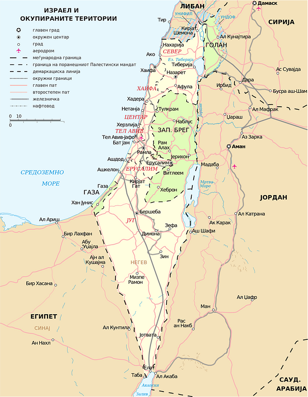 Map of Israel, neighbours and occupied territories mk