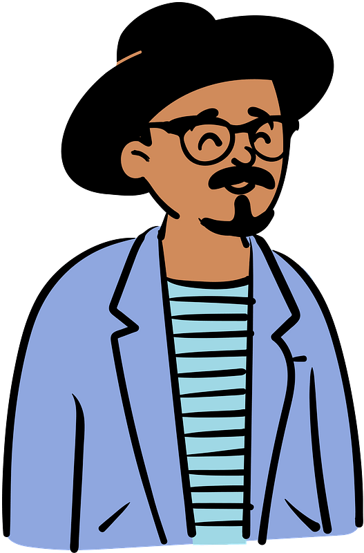 Man in blue jacket with a hat