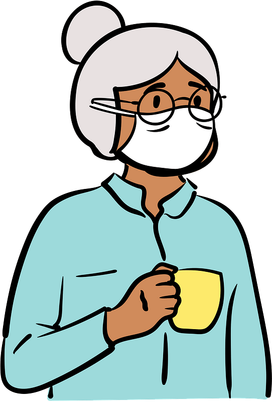 Old woman with a coffee cup wearing face mask